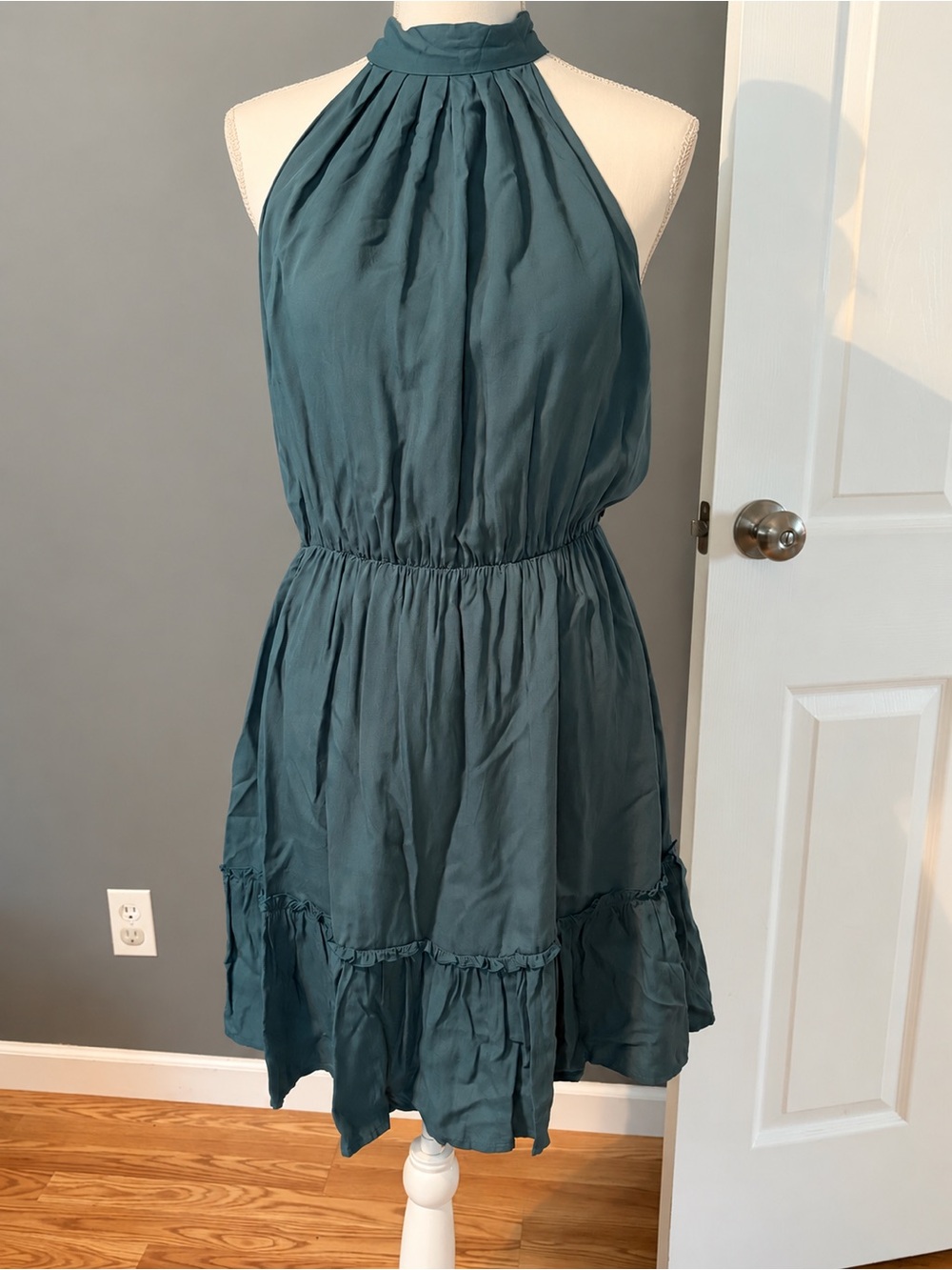 Halter Neck Mini Dress in Teal with Ruffle Hem